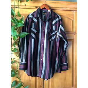 PLAINS Western Wear Black Red Striped Pearl Snap SZ XL